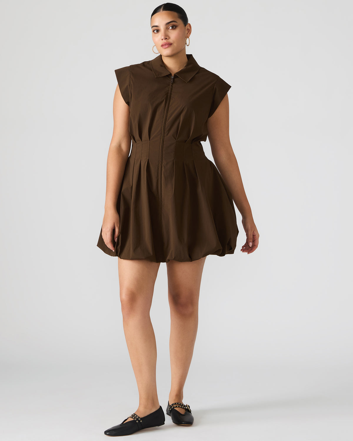 DYANNE Dark Espresso Women's Zip-Front Bubble-Hem Dress | Steve Madden
