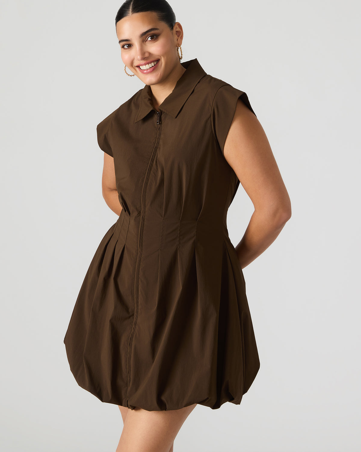DYANNE Dark Espresso Women's Zip-Front Bubble-Hem Dress | Steve Madden