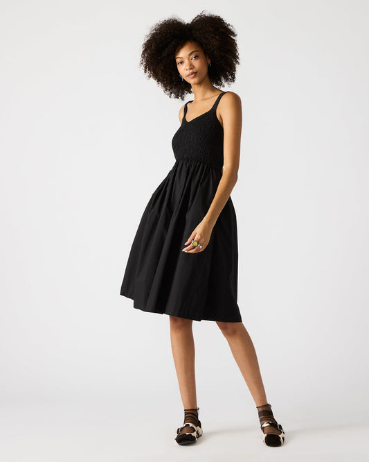 FLEUR Black Flowy Smocked Midi Women's Dress | Steve Madden