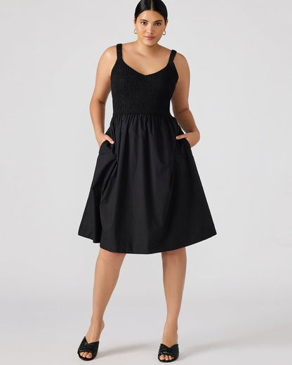 FLEUR Black Flowy Smocked Midi Women's Dress | Steve Madden