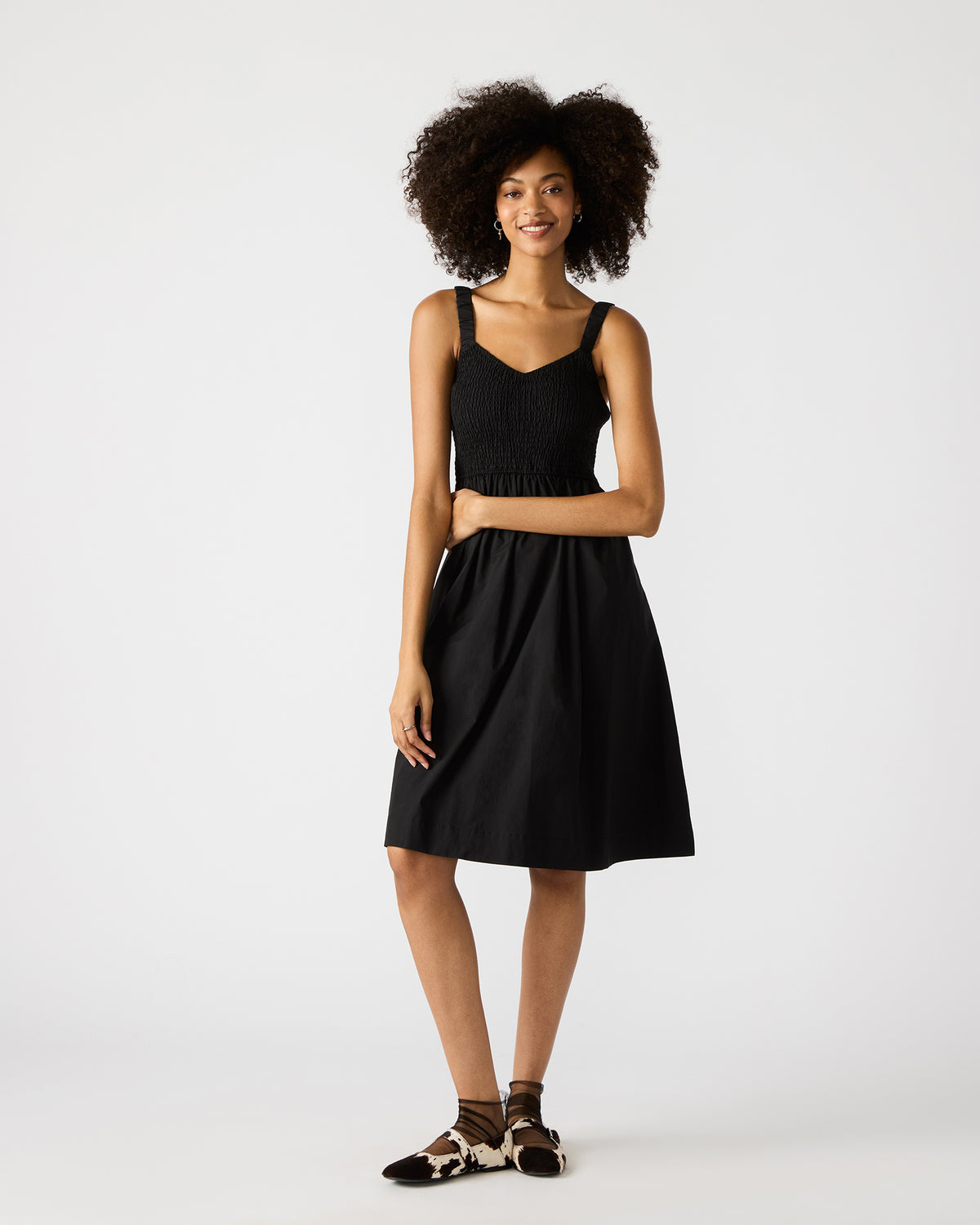 FLEUR Black Flowy Smocked Midi Women's Dress | Steve Madden