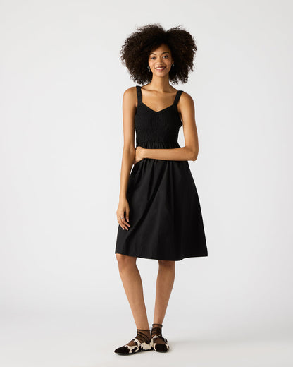 FLEUR Black Flowy Smocked Midi Women's Dress | Steve Madden