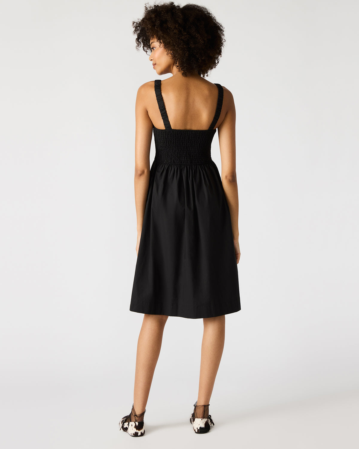 FLEUR Black Flowy Smocked Midi Women's Dress | Steve Madden