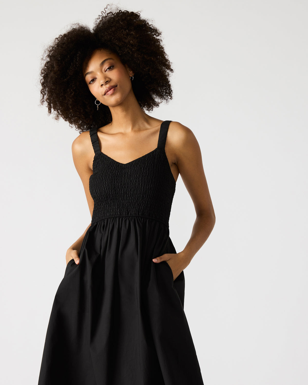 FLEUR Black Flowy Smocked Midi Women's Dress | Steve Madden