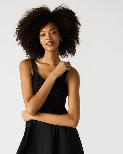 FLEUR Black Flowy Smocked Midi Women's Dress | Steve Madden