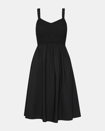 FLEUR Black Flowy Smocked Midi Women's Dress | Steve Madden
