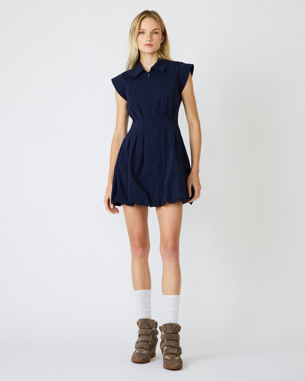 DYANNE Marine Women's Zip-Front Bubble-Hem Dress | Steve Madden
