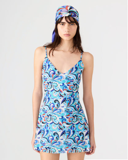 SHEILA Teal Paisley Sleeveless V-Neckline Printed Slip Mini Women's Dress | Steve Madden