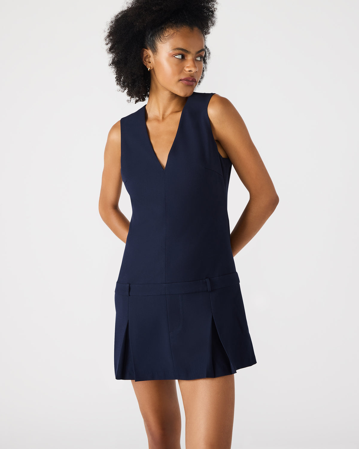 HENLEY Midnight Sleeveless V-neck Mini Pleated Women's Dress | Steve Madden
