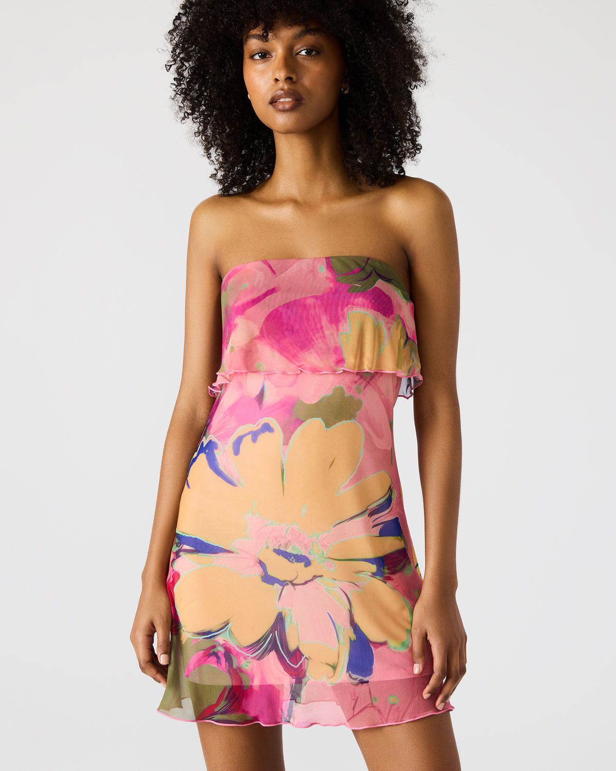 BRYAR Multi Strapless Flowy Mesh Overlay Floral Print Mini Women's Dress | Steve Madden