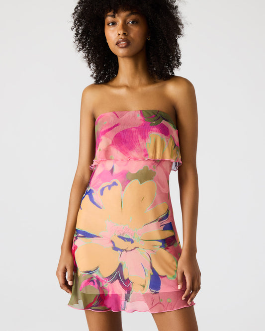 BRYAR Multi Strapless Flowy Mesh Overlay Floral Print Mini Women's Dress | Steve Madden
