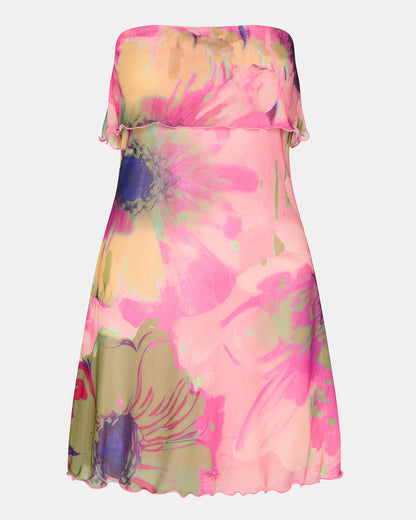 BRYAR Multi Strapless Flowy Mesh Overlay Floral Print Mini Women's Dress | Steve Madden