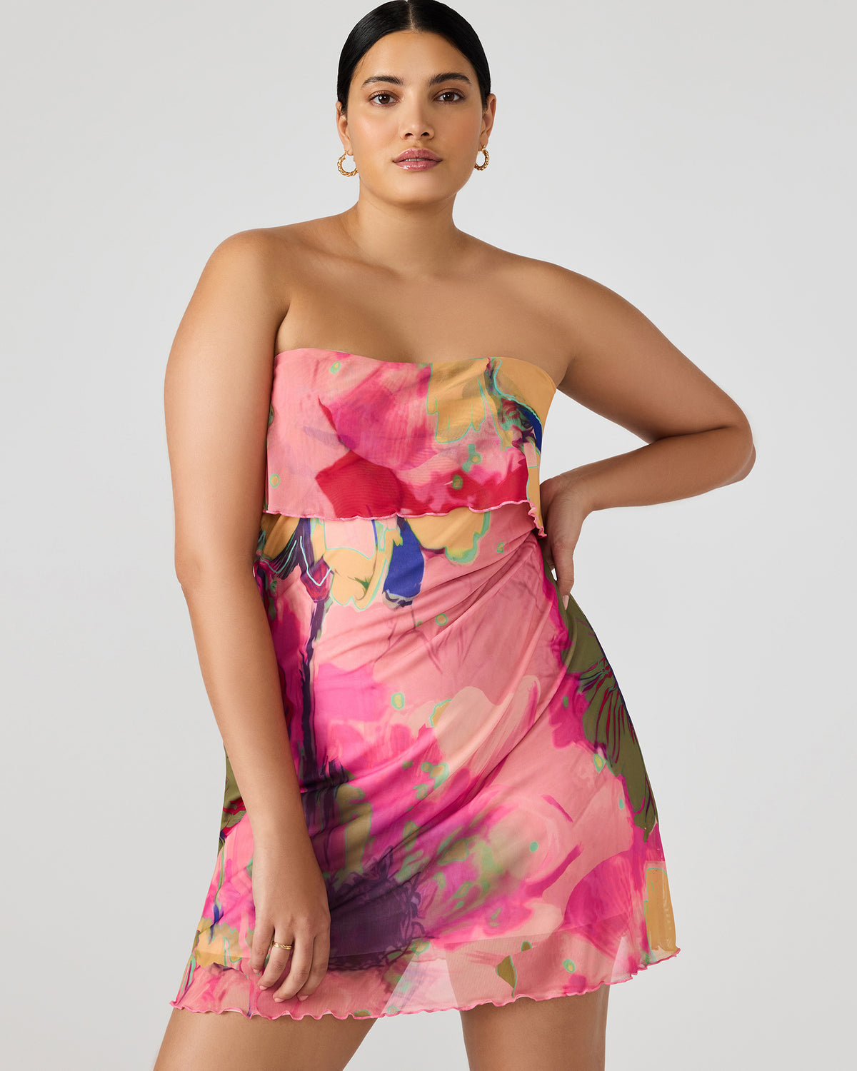 BRYAR Multi Strapless Flowy Mesh Overlay Floral Print Mini Women's Dress | Steve Madden