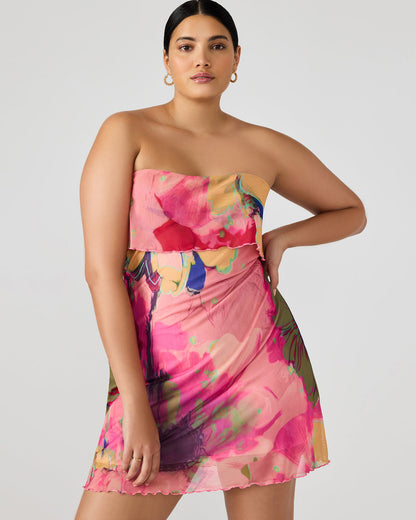 BRYAR Multi Strapless Flowy Mesh Overlay Floral Print Mini Women's Dress | Steve Madden