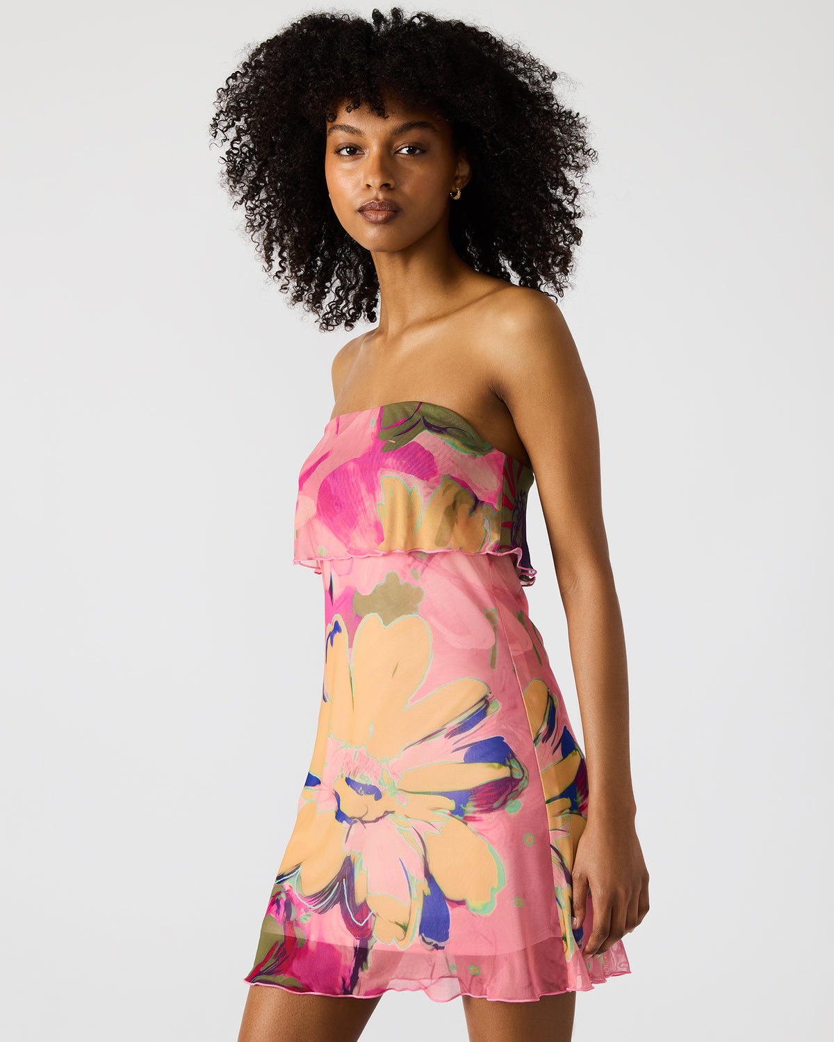 BRYAR Multi Strapless Flowy Mesh Overlay Floral Print Mini Women's Dress | Steve Madden
