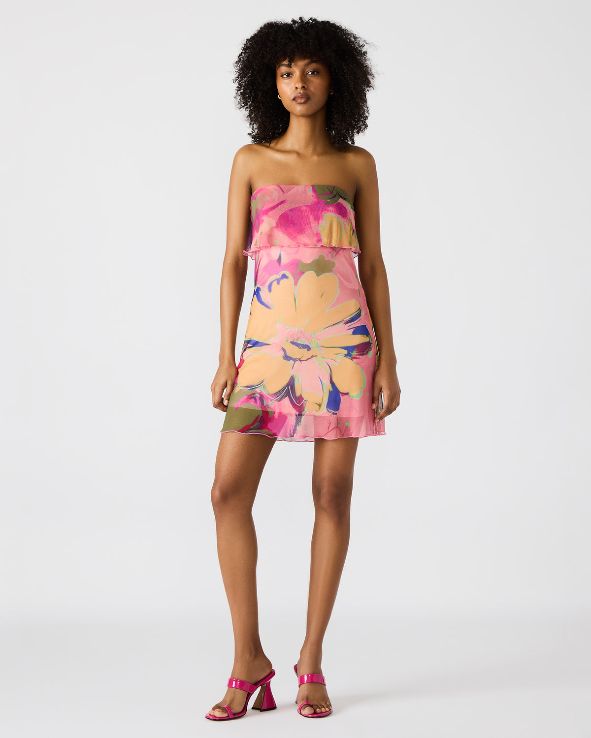 BRYAR Multi Strapless Flowy Mesh Overlay Floral Print Mini Women's Dress | Steve Madden