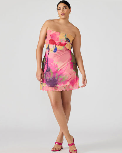 BRYAR Multi Strapless Flowy Mesh Overlay Floral Print Mini Women's Dress | Steve Madden