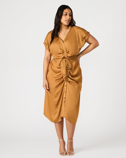 BRUNO Caramel Women's Button-Up Short-Sleeved Midi Dress | Steve Madden