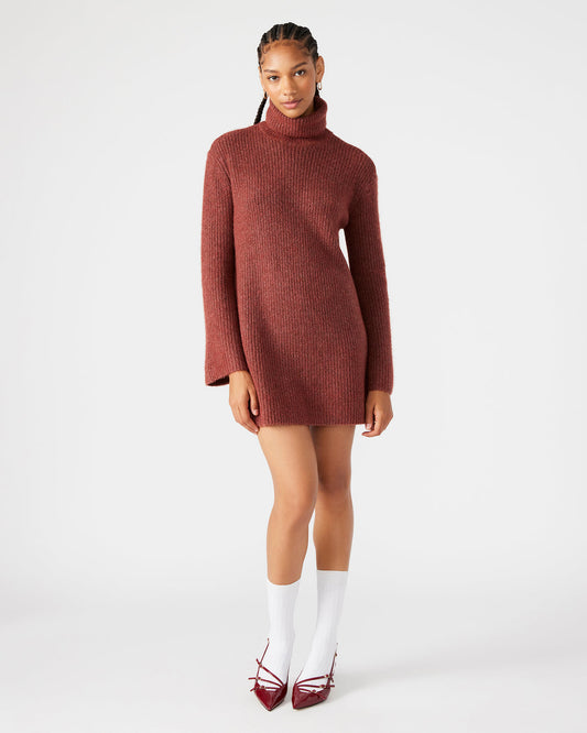 ABBIE Sweater Dress Rust | Mini Turtleneck Flared Sleeve Dress | Steve Madden