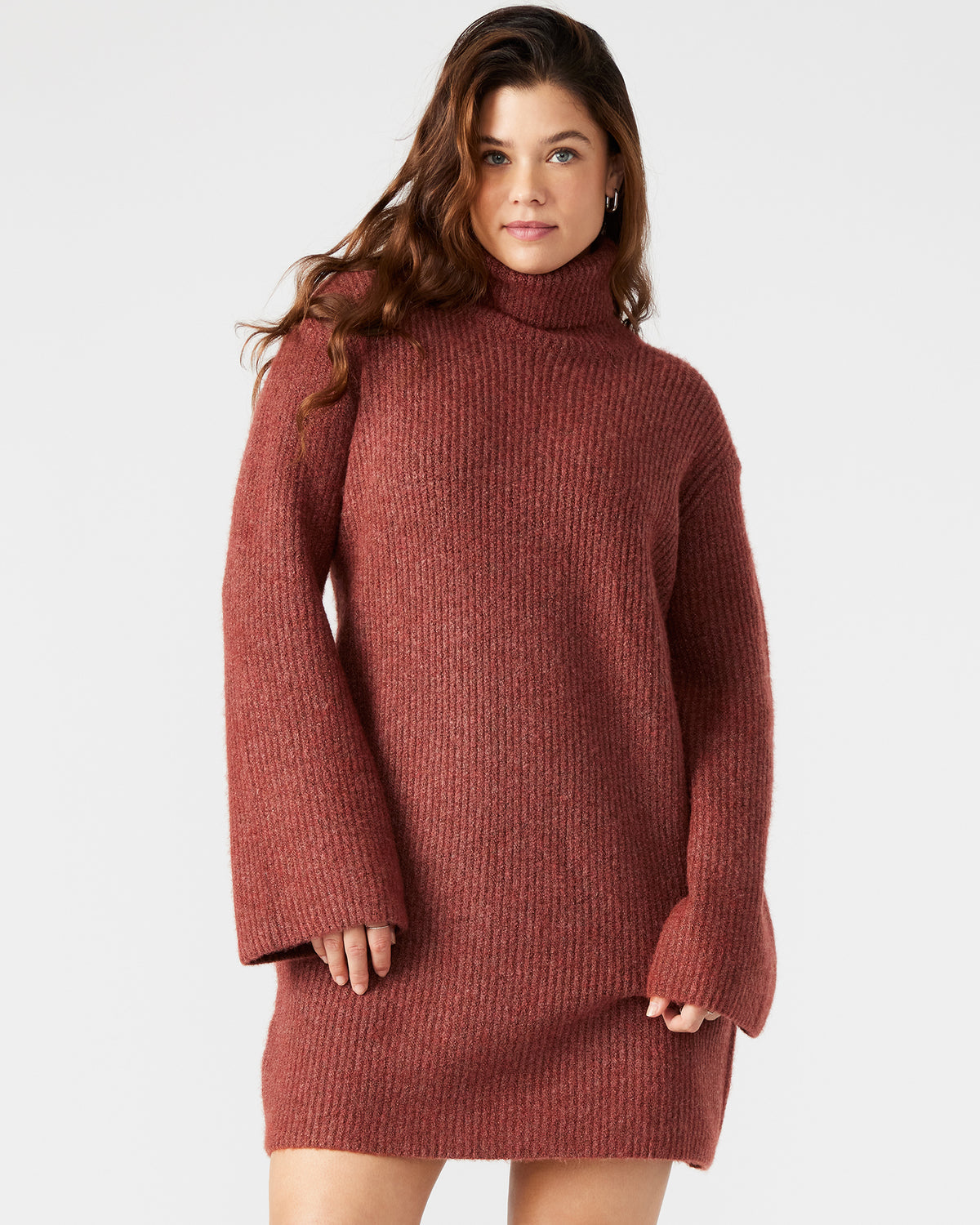 ABBIE Sweater Dress Rust | Mini Turtleneck Flared Sleeve Dress | Steve Madden
