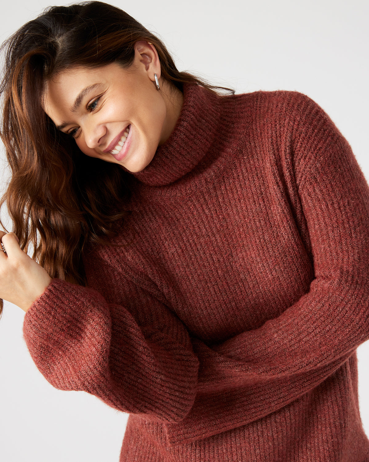 ABBIE Sweater Dress Rust | Mini Turtleneck Flared Sleeve Dress | Steve Madden