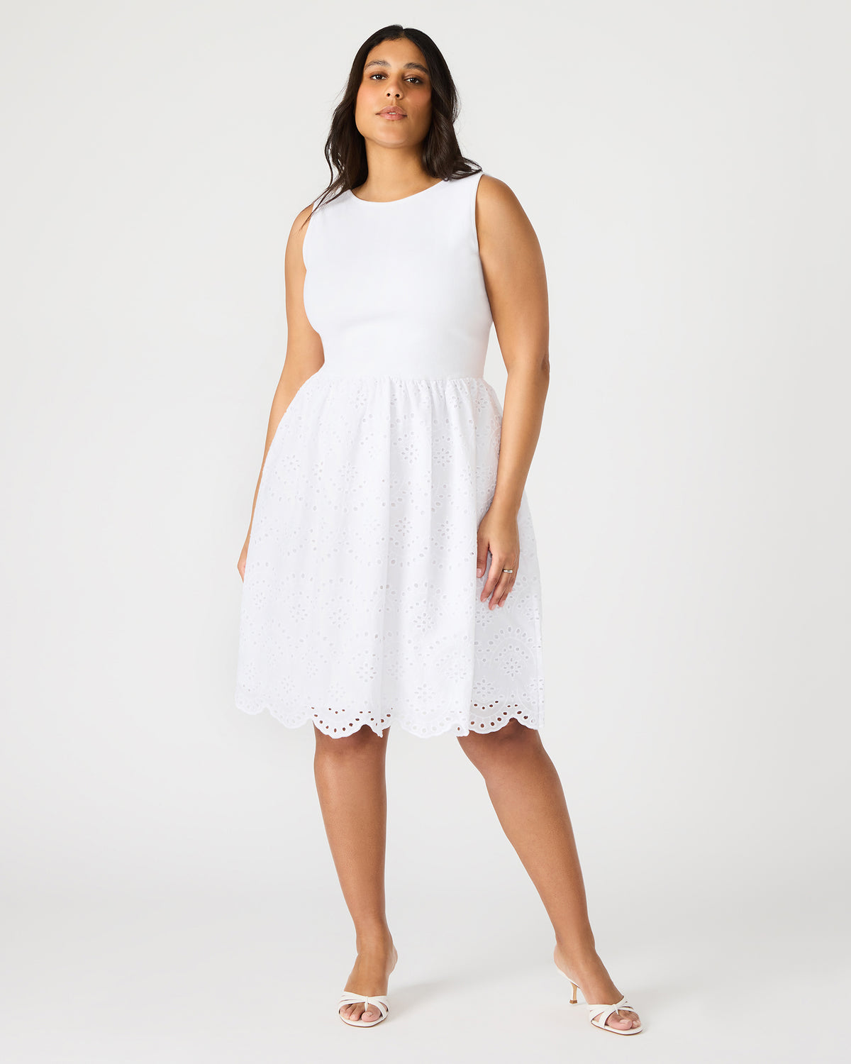 JULIAN White Women's Eyelet Sleeveless Midi Dress | Steve Madden