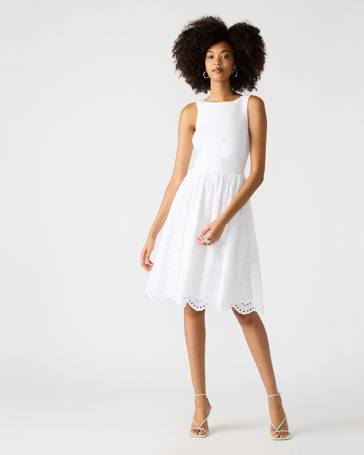 JULIAN White Women's Eyelet Sleeveless Midi Dress | Steve Madden