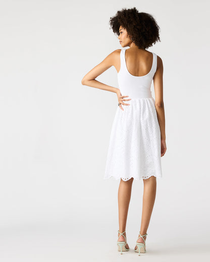JULIAN White Women's Eyelet Sleeveless Midi Dress | Steve Madden