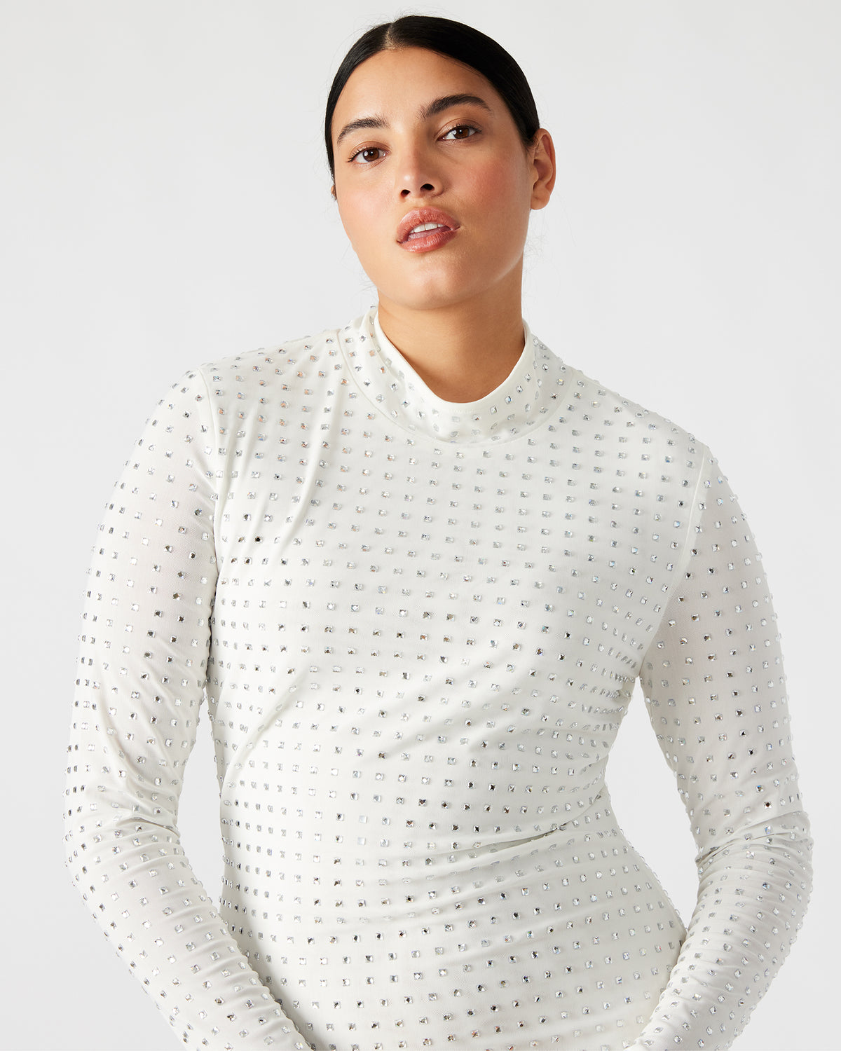 KRISTA Dress White | Women's Long-Sleeved Bodycon Rhinestone Mini Dress | Steve Madden