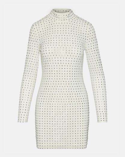 KRISTA Dress White | Women's Long-Sleeved Bodycon Rhinestone Mini Dress | Steve Madden