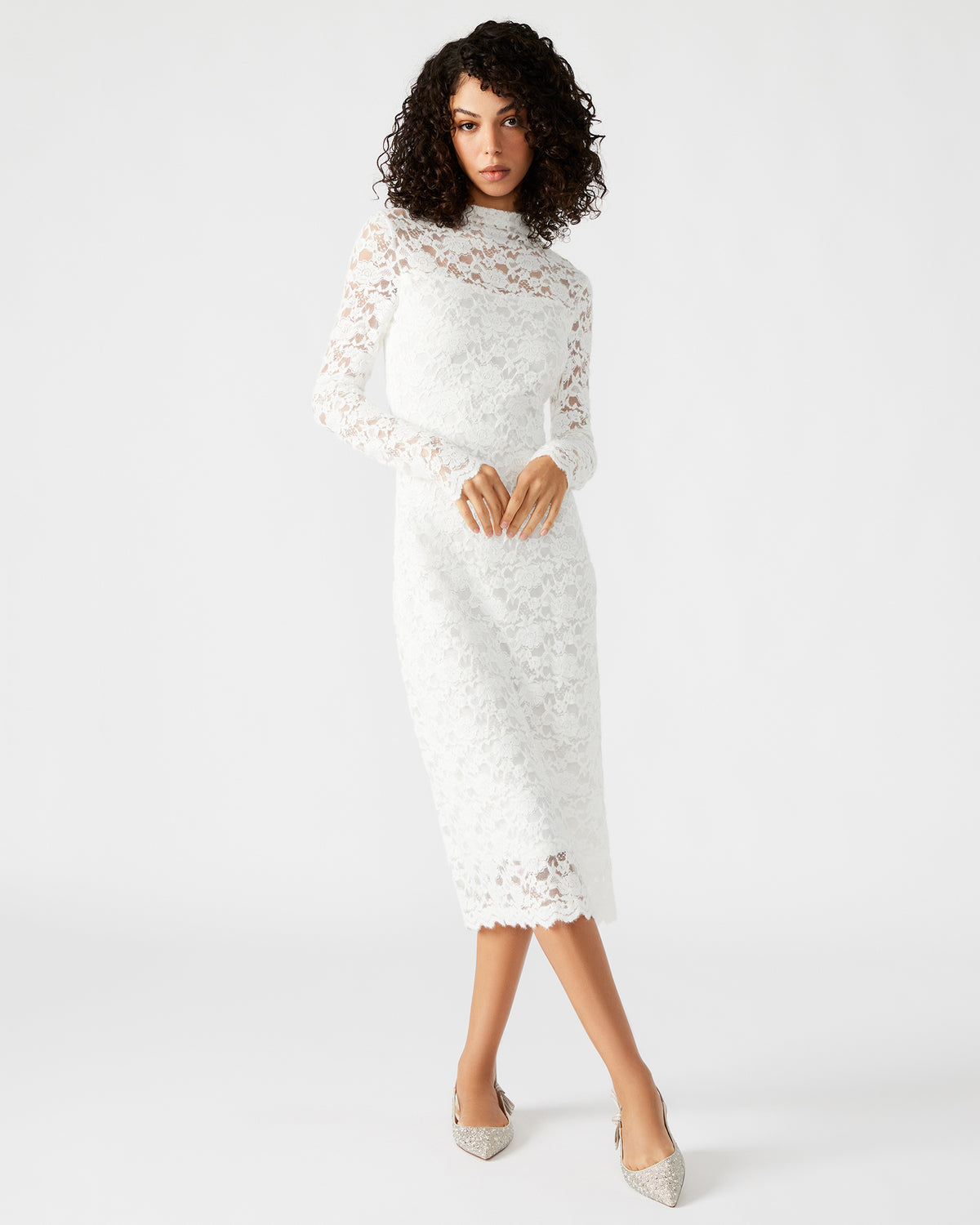 VIVIENNE Ivory Lace Women's Mock Neck Midi Dress | Steve Madden