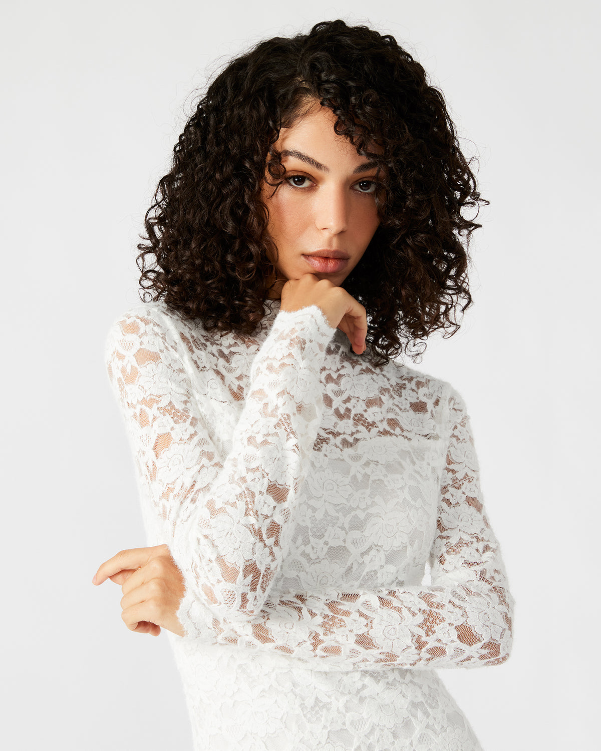 VIVIENNE Ivory Lace Women's Mock Neck Midi Dress | Steve Madden