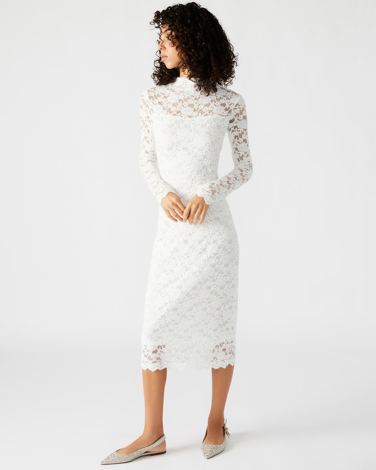 VIVIENNE Ivory Lace Women's Mock Neck Midi Dress | Steve Madden