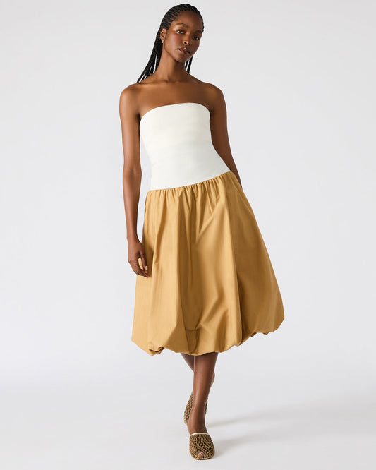 OLIVER Taupe Women's Strapless Midi Bubble Dress | Steve Madden