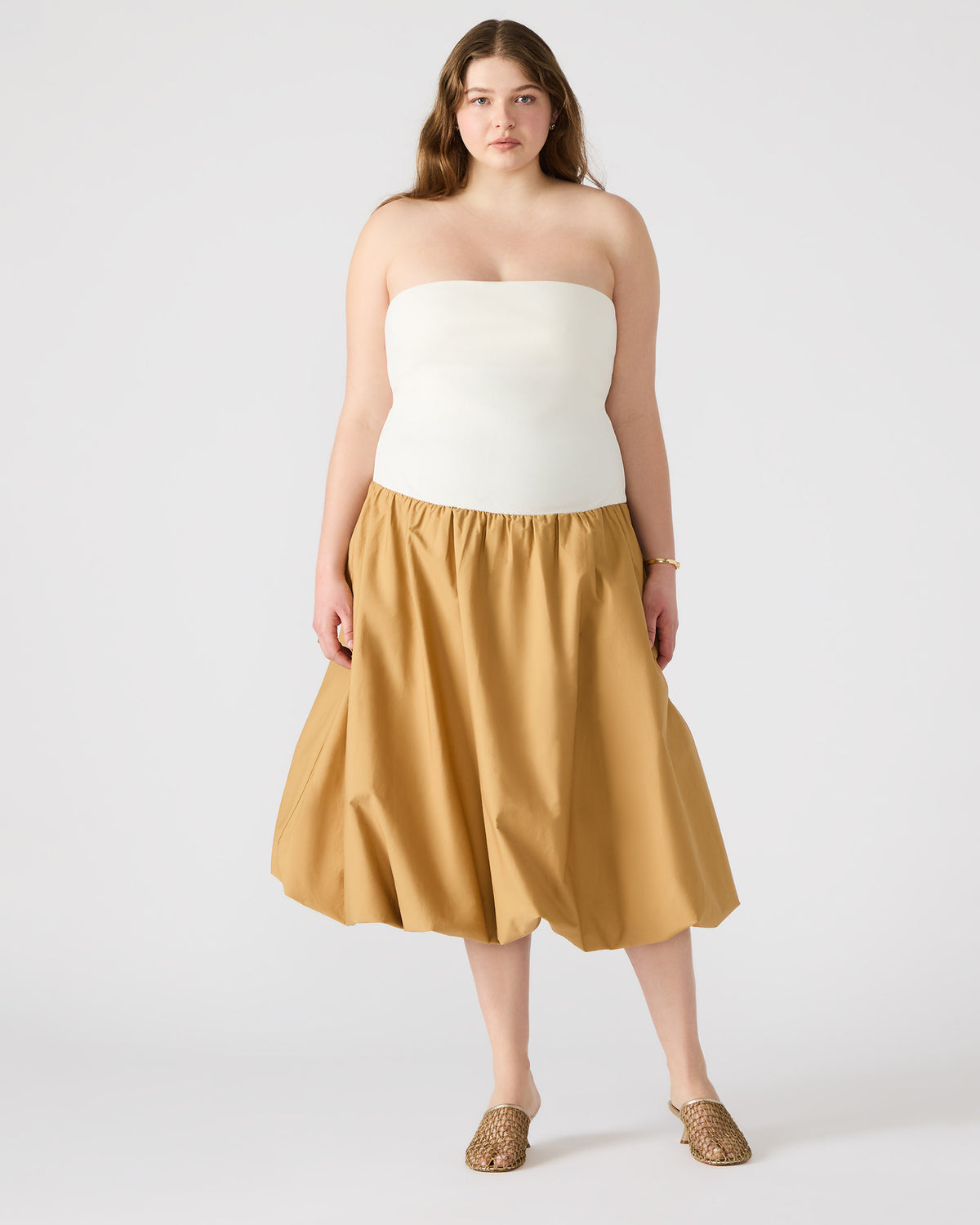 OLIVER Taupe Women's Strapless Midi Bubble Dress | Steve Madden