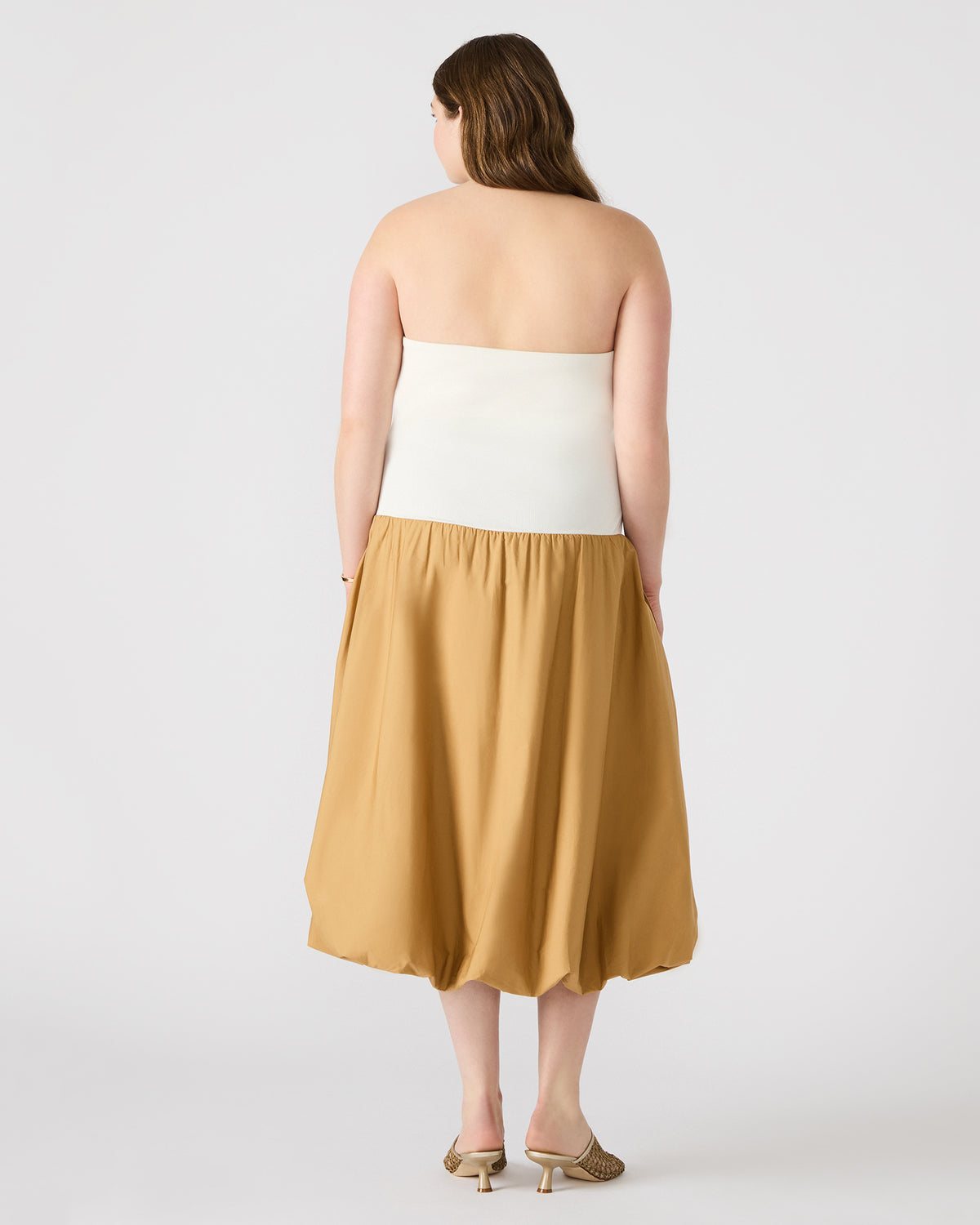 OLIVER Taupe Women's Strapless Midi Bubble Dress | Steve Madden