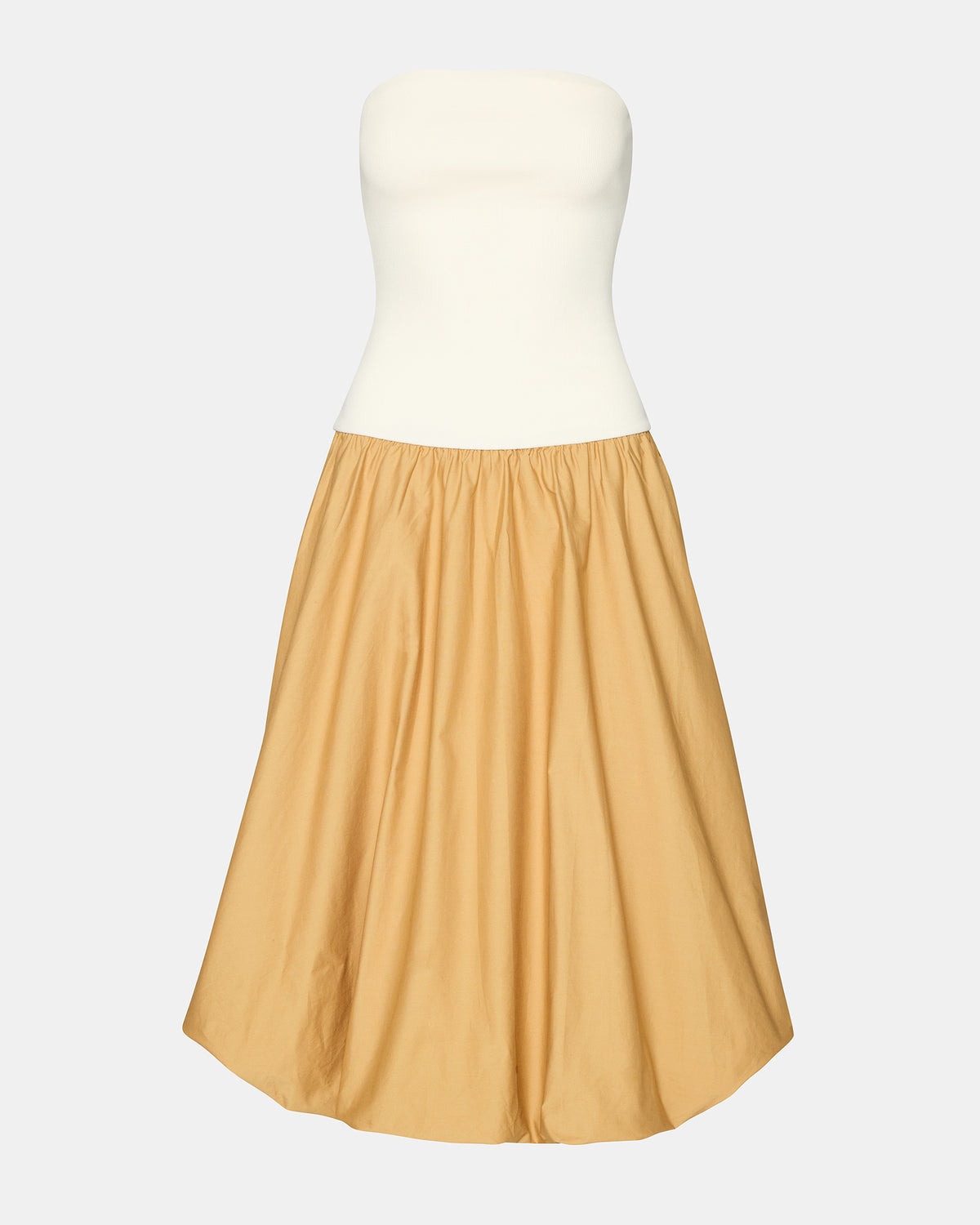 OLIVER Taupe Women's Strapless Midi Bubble Dress | Steve Madden