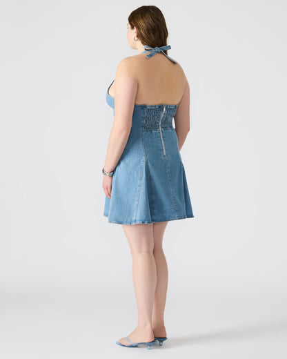 MALIA Denim Women's Halter Back Neck Tie Mini Dress | Steve Madden