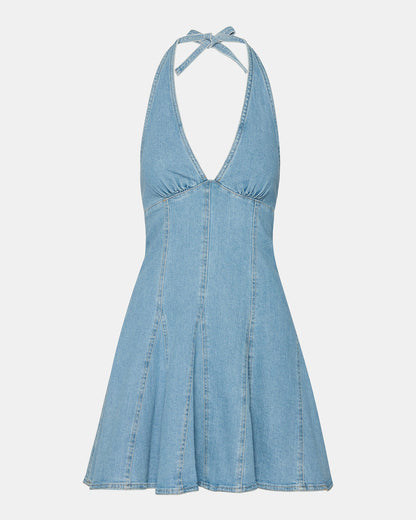 MALIA Denim Women's Halter Back Neck Tie Mini Dress | Steve Madden