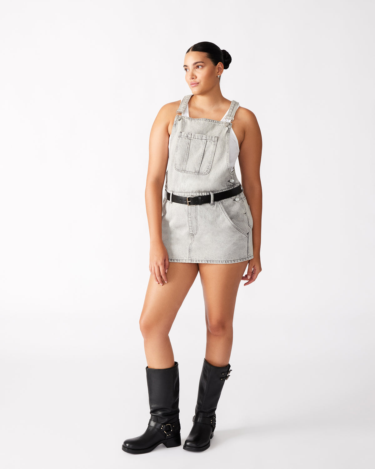 TAMIA Dress Light Grey | Women's Overall Denim Mini Dress | Steve Madden