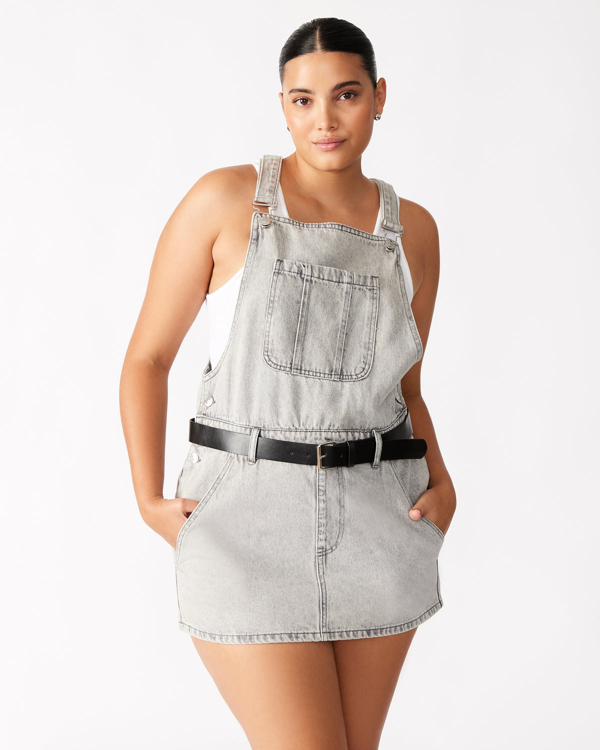 TAMIA Dress Light Grey | Women's Overall Denim Mini Dress | Steve Madden