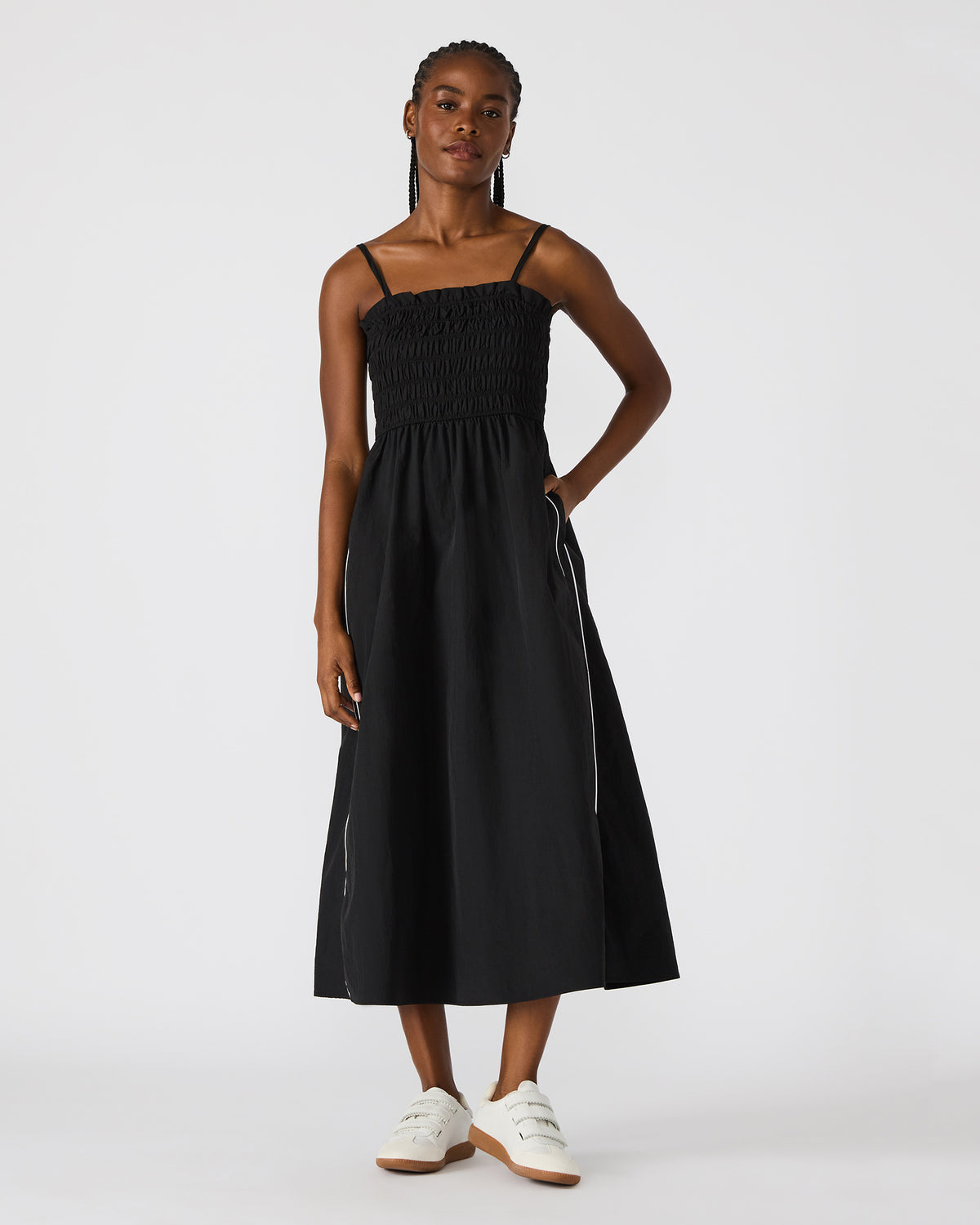 KIT Dress Black/White Flowy Smocked Striped Maxi Dress | Steve Madden