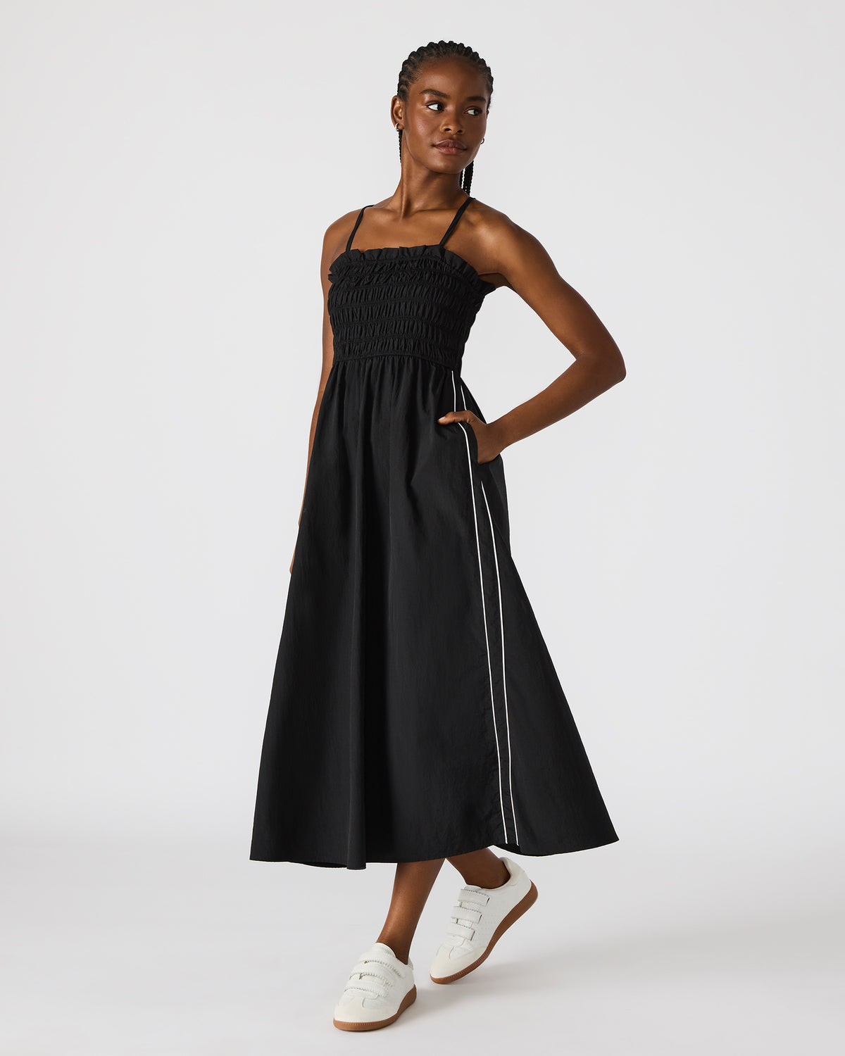 KIT Dress Black/White Flowy Smocked Striped Maxi Dress | Steve Madden