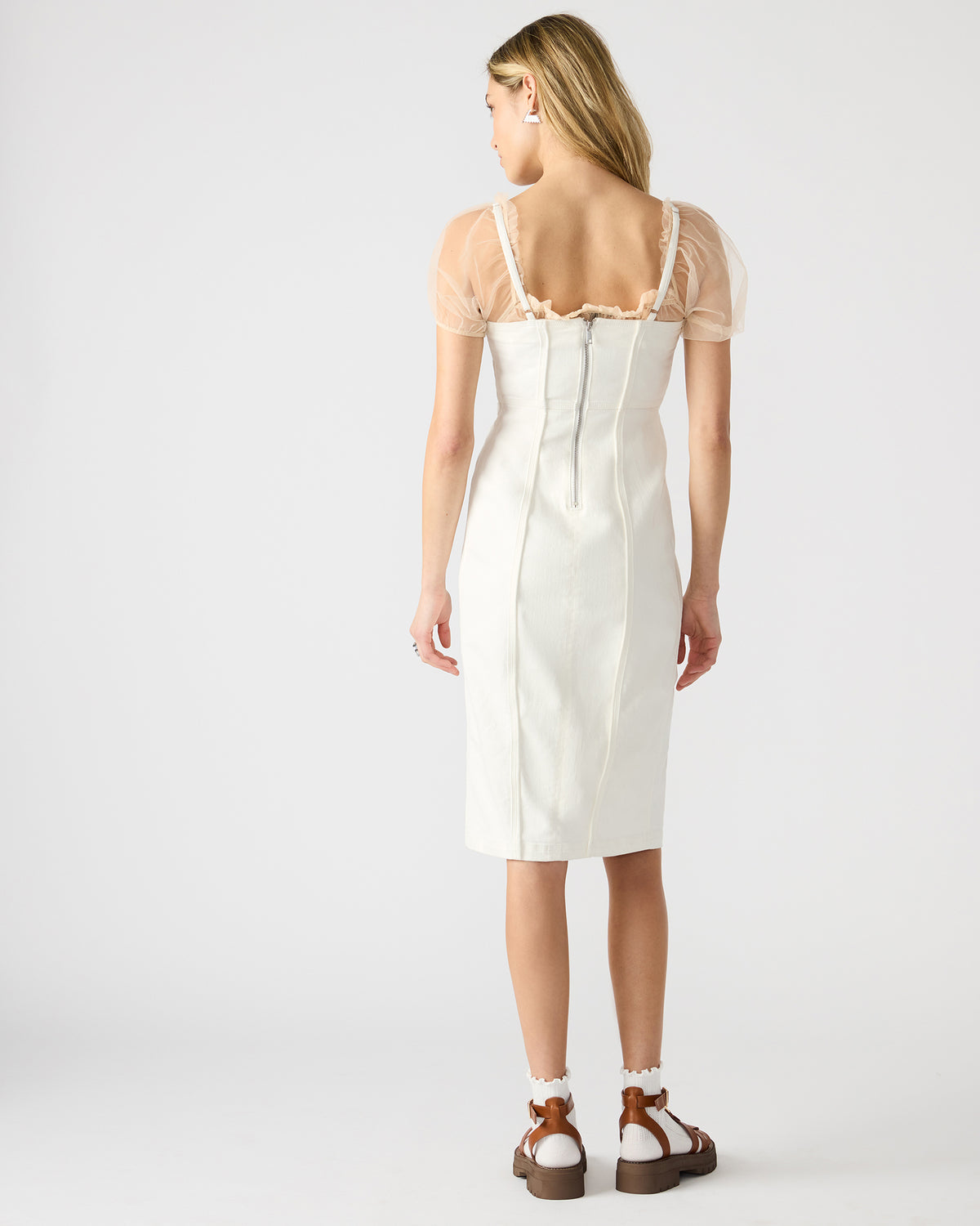 GISELLE White Denim Midi Women's Dress with Slit | Steve Madden
