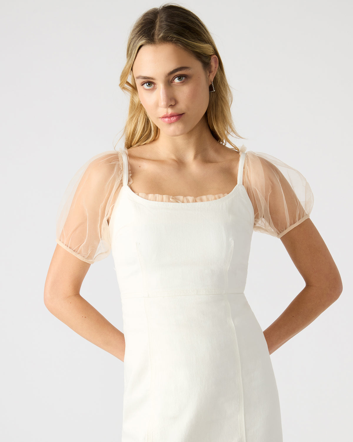GISELLE White Denim Midi Women's Dress with Slit | Steve Madden