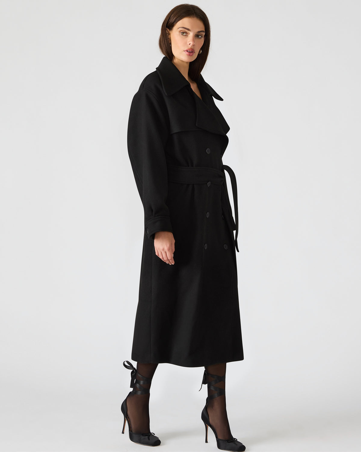 ENORA Black Long-Sleeved Button-Up Collared Women's Trench Coat | Steve Madden