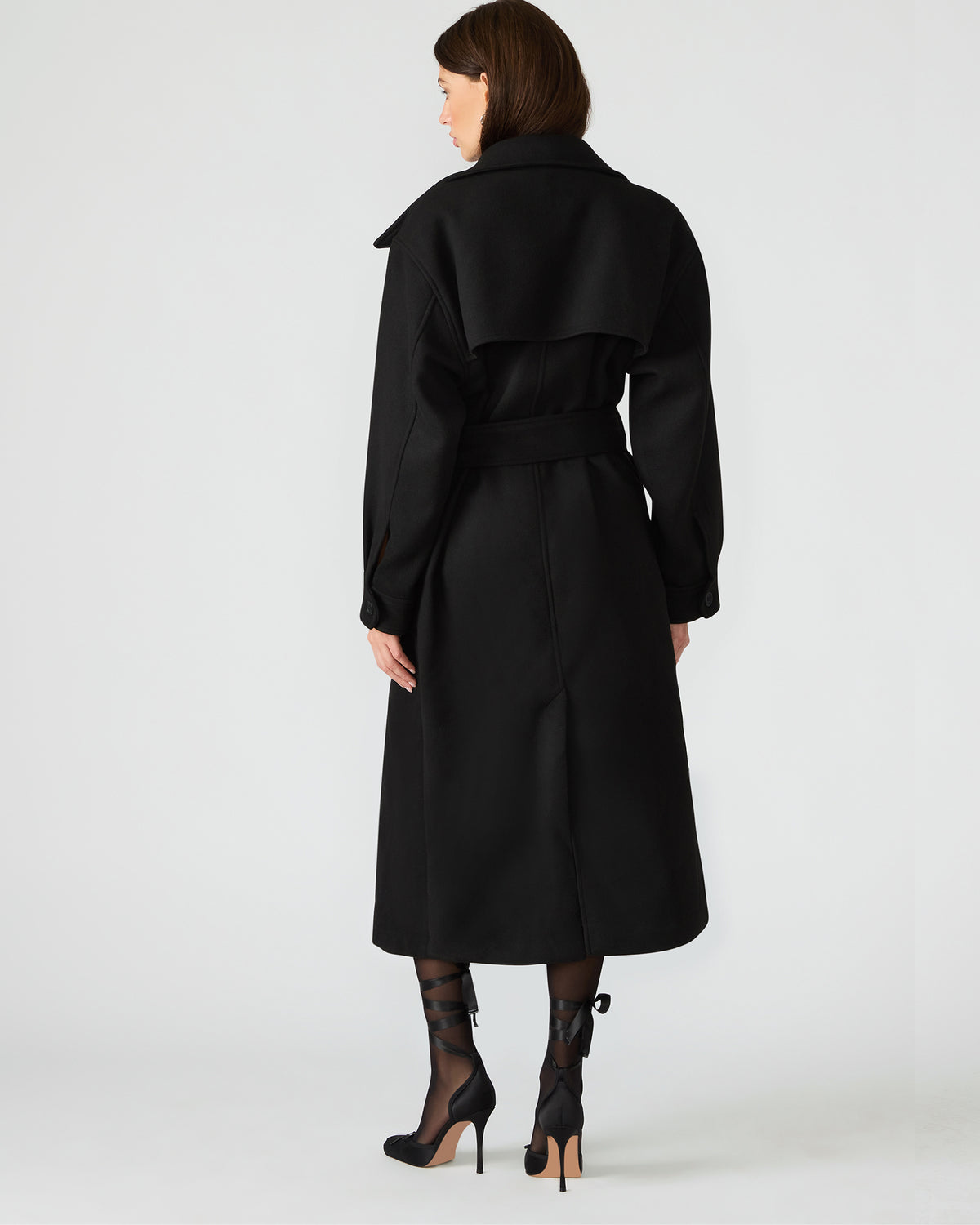 ENORA Black Long-Sleeved Button-Up Collared Women's Trench Coat | Steve Madden