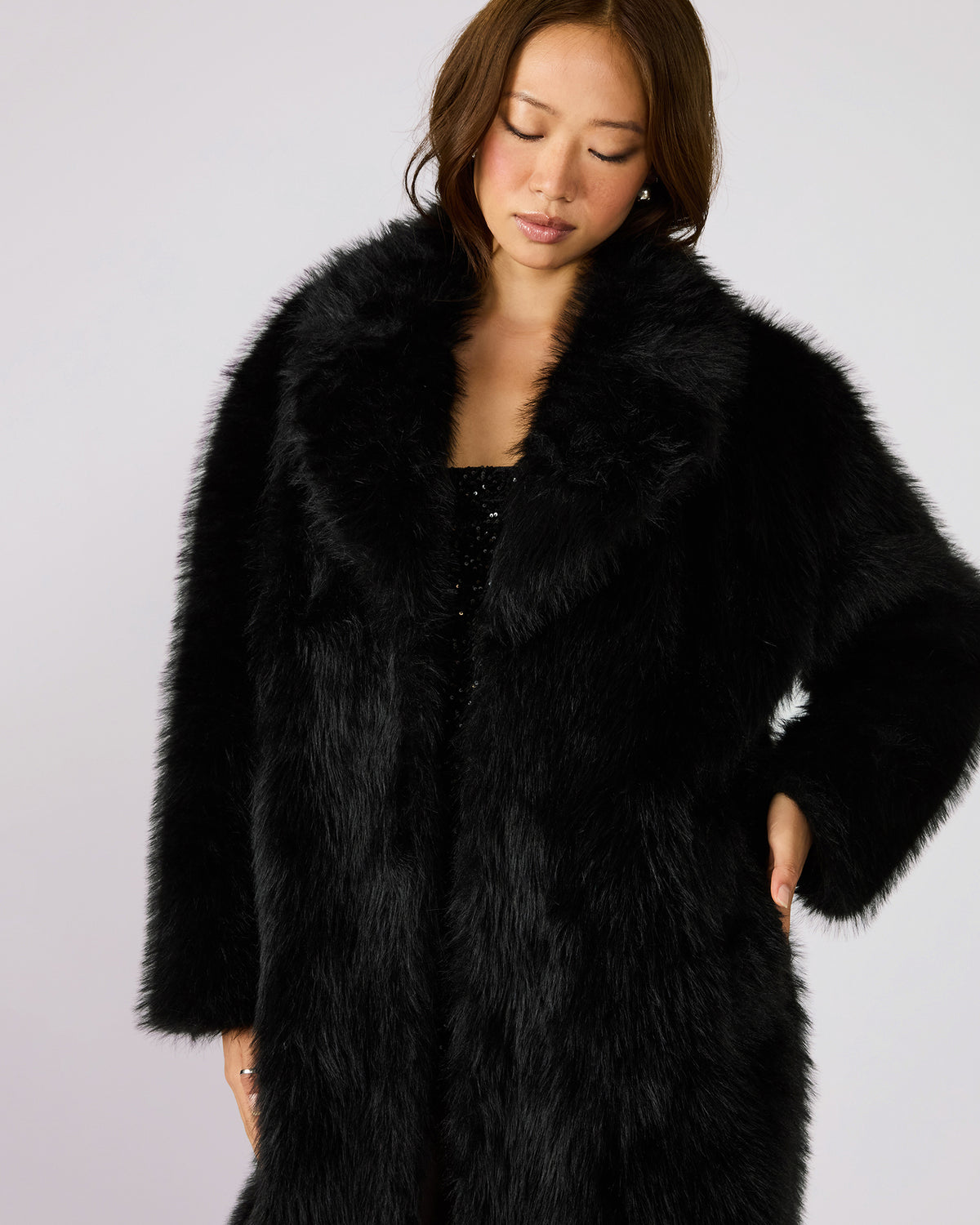 LARKIN Black Long-Sleeved Faux Fur Women's Coat | Steve Madden