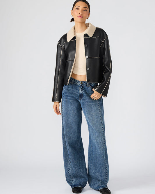 TILIA Black Long-Sleeved Faux Leather Button-Up Faux Fur Women's Coat | Steve Madden