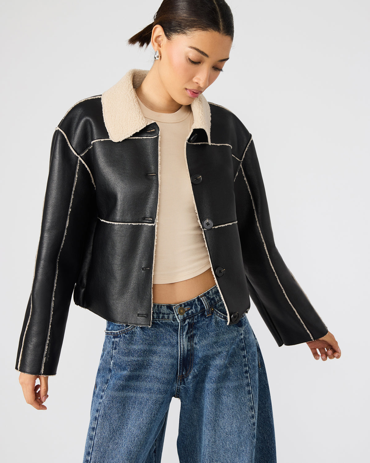 TILIA Black Long-Sleeved Faux Leather Button-Up Faux Fur Women's Coat | Steve Madden